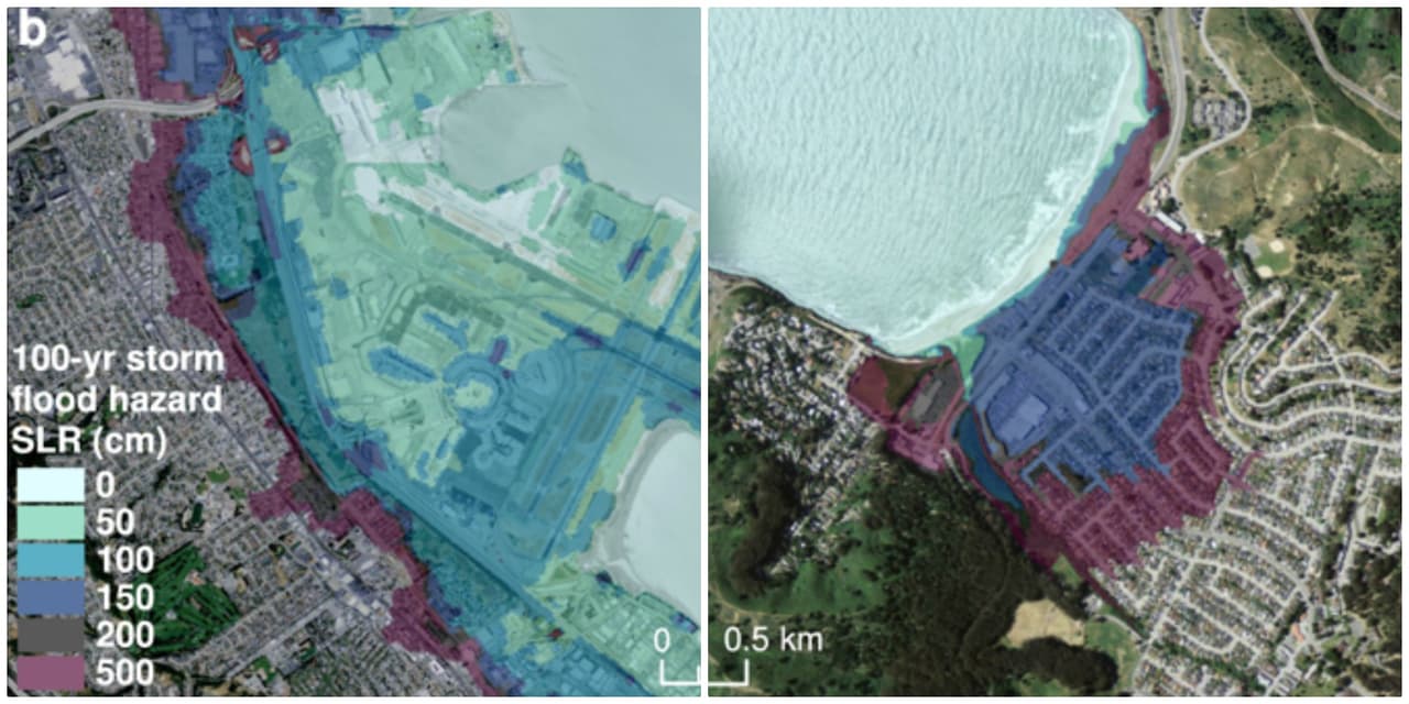 Proyecciones: a la izquierda, el Aeropuerto Internacional de San Francisco completamente inundado; a la derecha, la ciudad de Pacífica anegada.