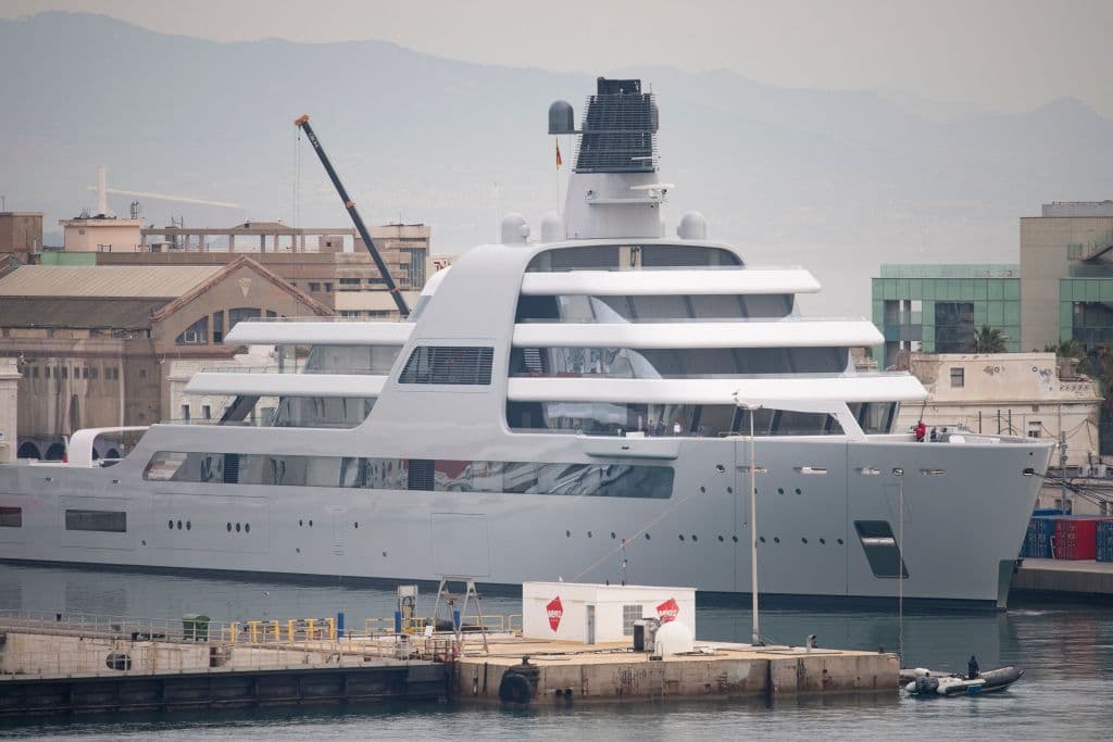 The 140 m (461 ft) long Lloyd Werft Solaris superyacht, owned by Russian billionaire Roman Abramovich, is seen moored at the port of Barcelona, on March 1, 2022.