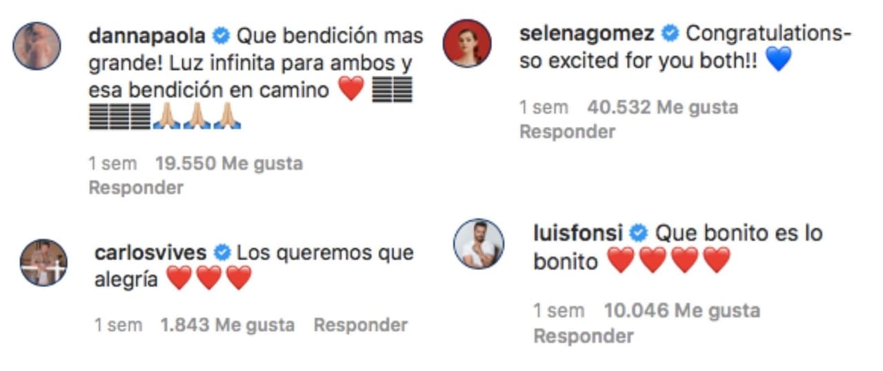 Además de la ola de comentarios de amor de sus millones de fans, Evaluna y Camilo recibieron mensajes de cariño y felicitación por parte de otras celebridades como Danna Paola, Selena Gómez, Carlos Vives, Luis Fonsi y más.