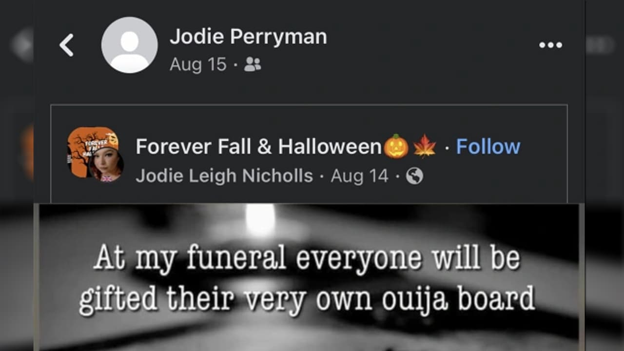 Mensaje de Jodie Perryman en Facebook para sus amigos y familiares.