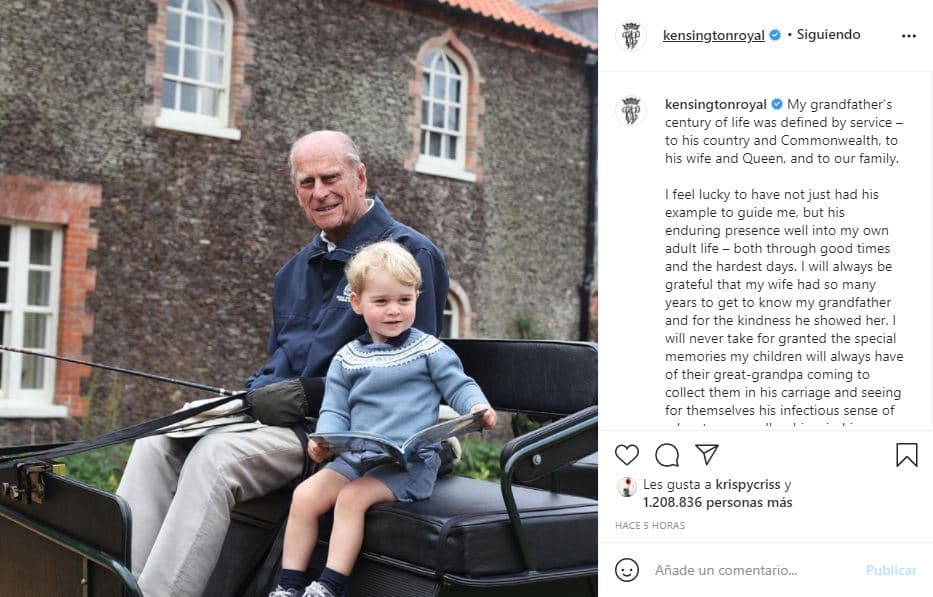 En el mensaje de despedida, William refirió los recuerdos que guardarán sus hijos de cómo su bisabuelo paseaba con ellos en su carruaje, tiempo en el que podían ver "por sí mismos su contagioso sentido de la aventura, así como su travieso sentido del humor".