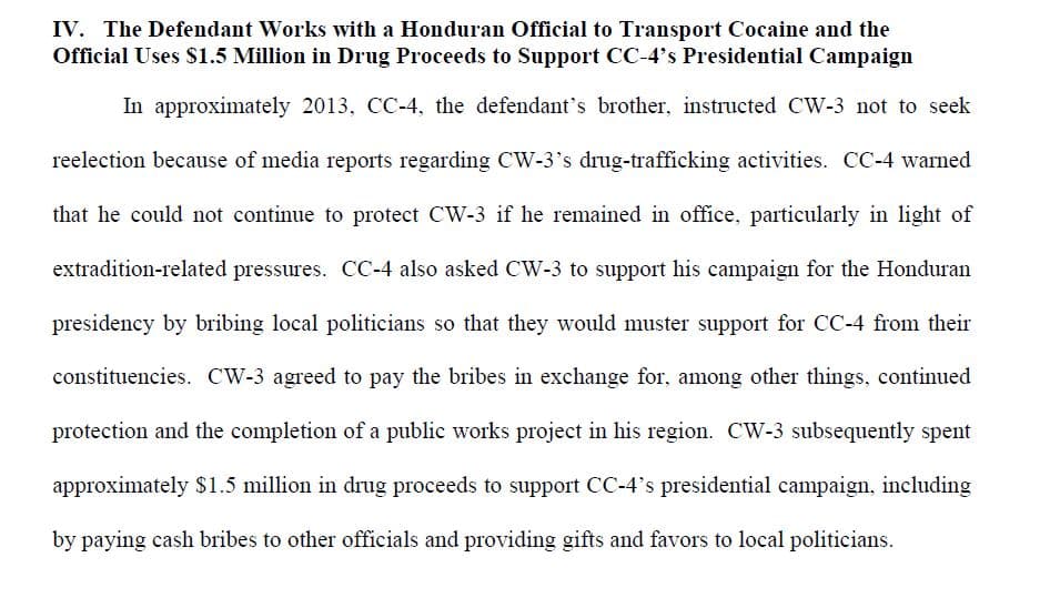 The court document refers to $1.5 million in drug proceeds for the 2013 election campaign of Juan Orlando Hernandez.