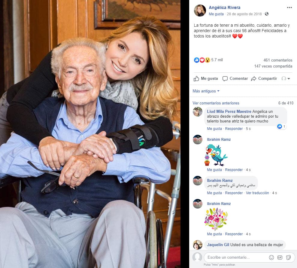 Todo indica que el abuelo de 'La Gaviota' estaría por cumplir 99 años, pues en agosto de 2018 fue la misma Angélica Rivera quien compartió una imagen con él para celebrar el Día del Abuelo.