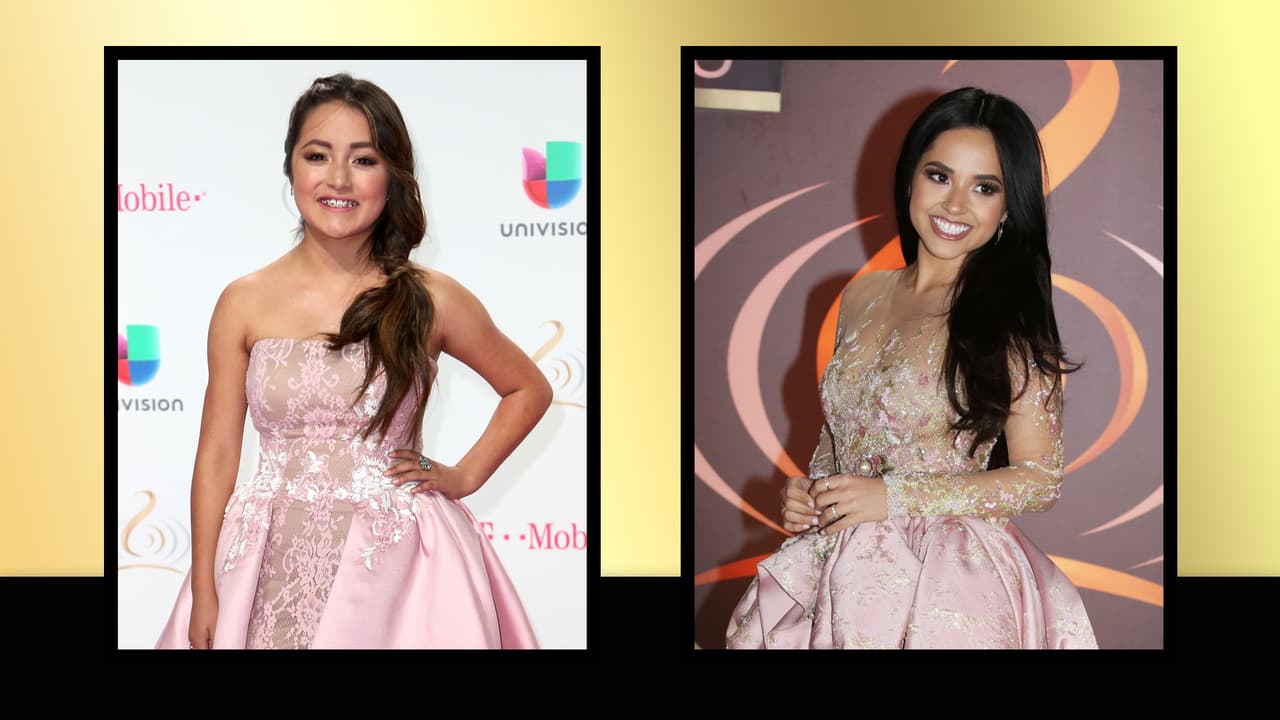 <a href="http://www.univision.com/especiales/premio-lo-nuestro/rubi-la-quinceanera-viral-dice-que-no-tiene-redes-sociales-y-advierte-que-la-fama-no-es-lo-que-parece-video" target="_blank">Rubí Ibarra </a>y 
<a href="http://www.univision.com/especiales/premio-lo-nuestro/becky-g-entro-por-la-puerta-grande-a-hollywood-video" target="_blank">Becky G </a>en color rosa, seda y apliques metálicos.