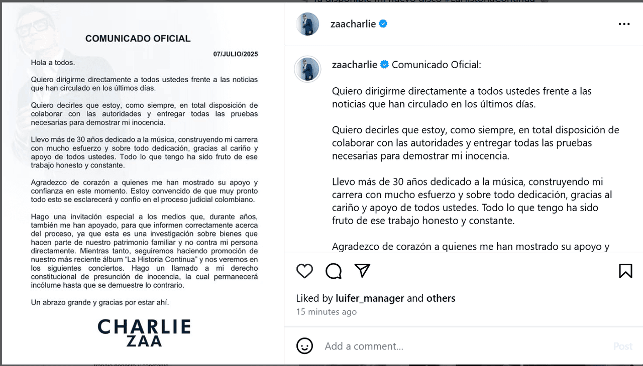 Charlie Zaa emitió un comunicado tras ser acusado de ser prestanombres de grupo paramilitar.