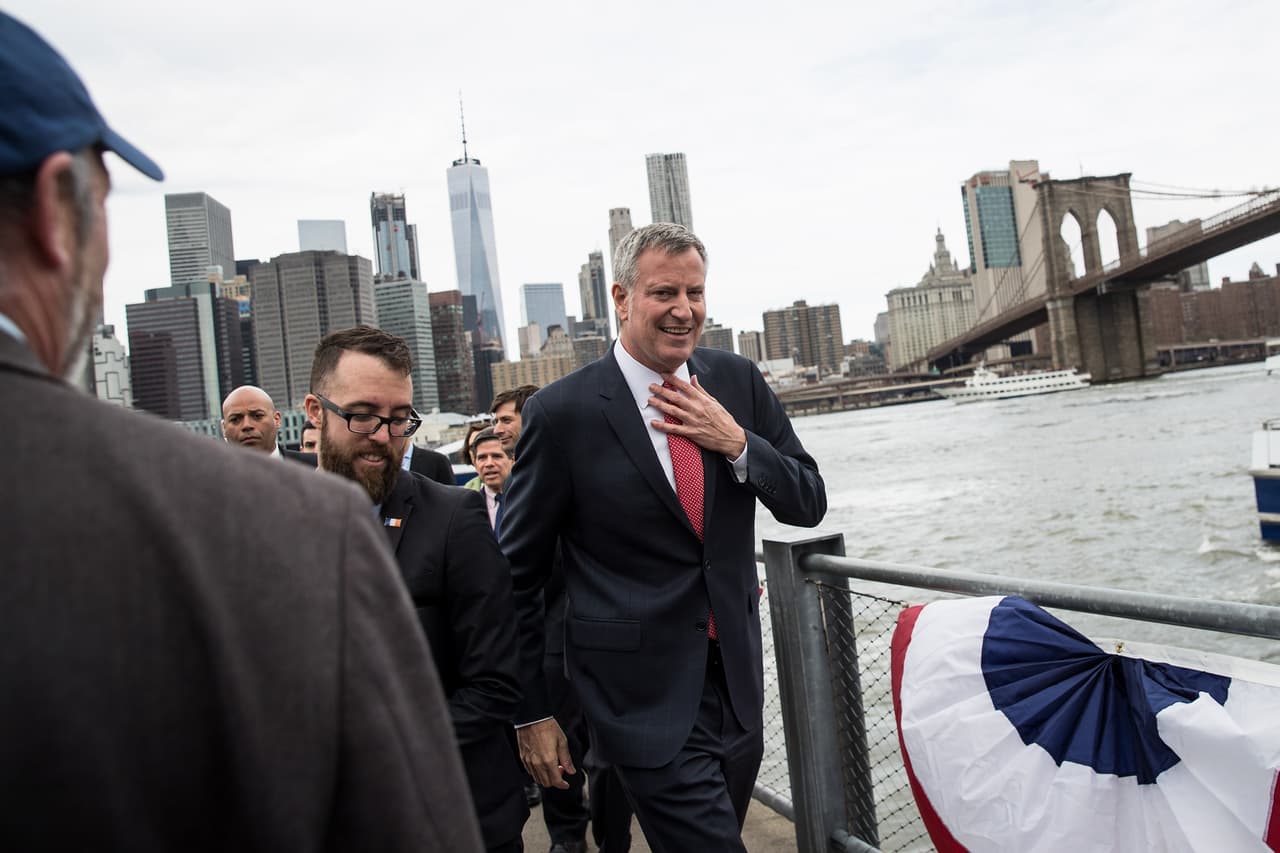 NEW YORK, NY - APRIL 17: New York City Mayor Bill De Blasio exits after a dedication ceremony for the new NYC Ferry, April 17, 2017 in New York City. The new citywide NYC Ferry service will start on May 1 with the Rockaway route and the existing East River route. (Photo by Drew Angerer/Getty Images)