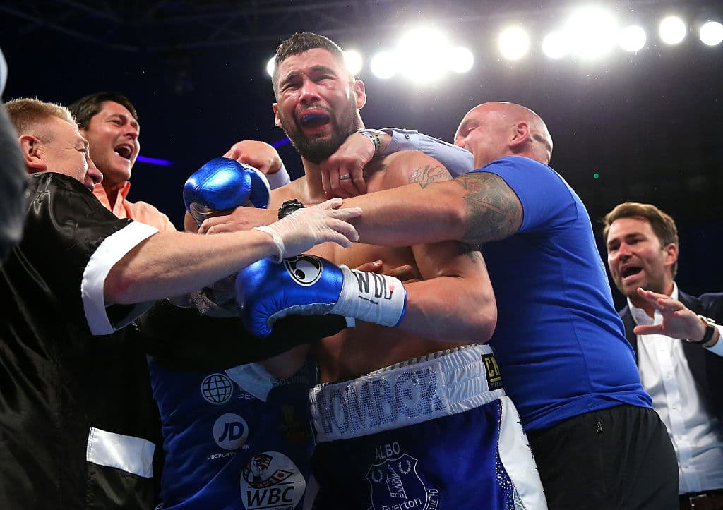 LIVERPOOL, ENGLAND - MAY 29: Tony Bellew celebrates with his corner after stopping Illunga Makabu in the second round to win the Vacant WBC World Cruiserweight Championship fight between Tony Bellew and Illunga Makabu at Goodison Park on May 29, 2016 in Liverpool, England. (Photo by Alex Livesey/Getty Images)