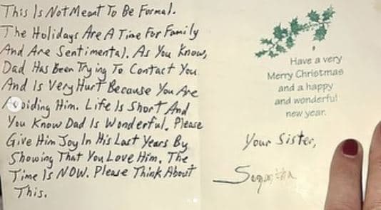 "[...] La vida es corta y sabes que papá es maravilloso. Por favor, 
<b>dale alegría en sus últimos años (de vida) demostrando que lo amas</b>. El momento es ahora, por favor, piensa en esto.", finalizó en su mensaje.