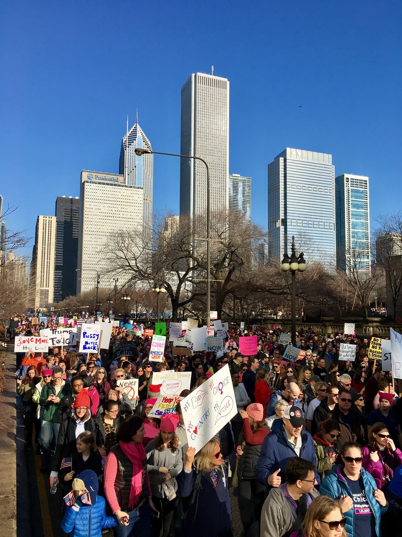 La mayoría de los letreros de los manifestantes estaban escritos en inglés, pero poco a poco salían consignas en español.