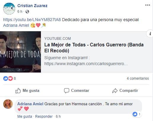El argentino también dedica románticos mensajes a su actual novia. "Dedicado para una persona muy especial, Adriana Amiel", escribió Cristian junto a la canción 'La mejor de todas' de Carlos Guerrero, un cover de Banda El Recodo. Ante esta publicación, Adriana respondió: "Gracias por tan hermosa canción. Te amo, mi amor".