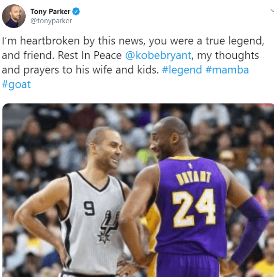 A su colega, el ex jugador de los Spurs de San Antonio, Tony Parker, declaró que su corazón había quedado destrozado con este accidente, a la vez que aseguró estar orando por su esposa y familia.
