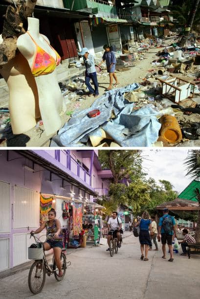 En la imagen de arriba la gente camina por las calles dañadas por el tsunami en la villa Phi Phi el 25 de enero de 2004. En la foto de abajo, una mujer monta en bicicleta por un camino, días antes del décimo aniversario del siniestro que dejó 5,000 muertos tan solo en Tailandia.