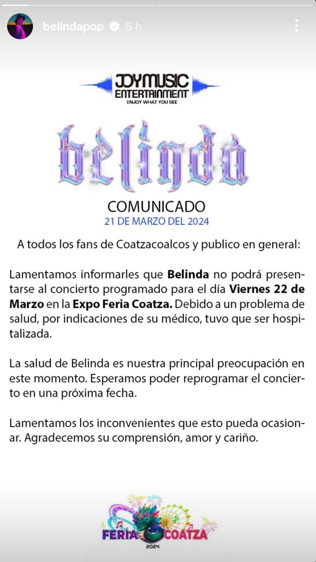 Belinda es hospitalizada.