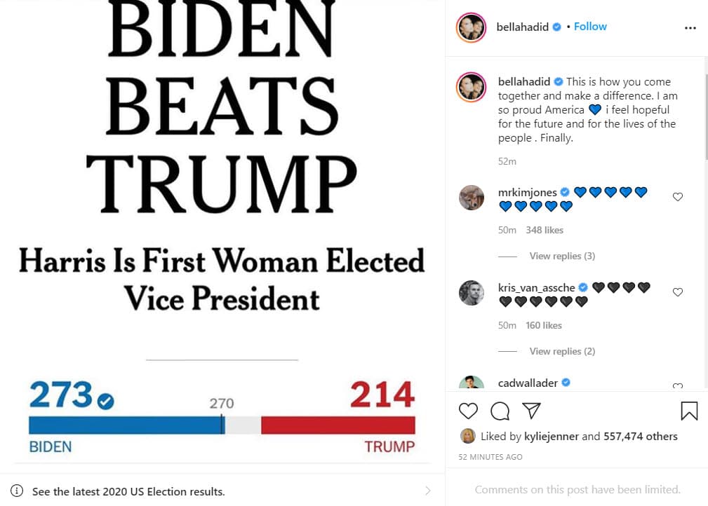 La modelo
<b>Bella Hadid</b> prefirió mostrar los resultados de la votación y escribió: "Así es como se une y marca la diferencia. Estoy tan orgullosa de Estados Unidos. Me siento esperanzada por el futuro y por la vida de la gente. Finalmente".