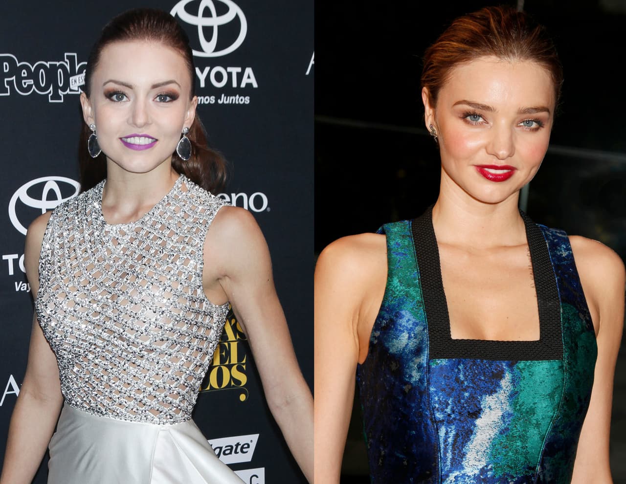 La actriz Angelique Boyer y la supermodelo australiana Miranda Kerr muestran facciones muy parecidas. Por su rostro en forma de diamante y su tez blanca bien podrían ser hermanas.