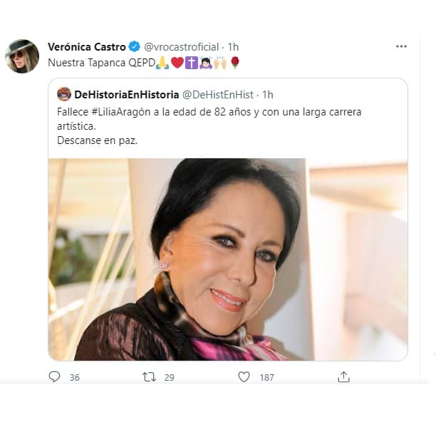 <b>Verónica Castro</b> pidió por el descanso de 'La Tapanca', personaje que Lilia Aragón interpretó en la telenovela Pueblo Chico, Infierno Grande (1997), en la que ambas actrices participaron.