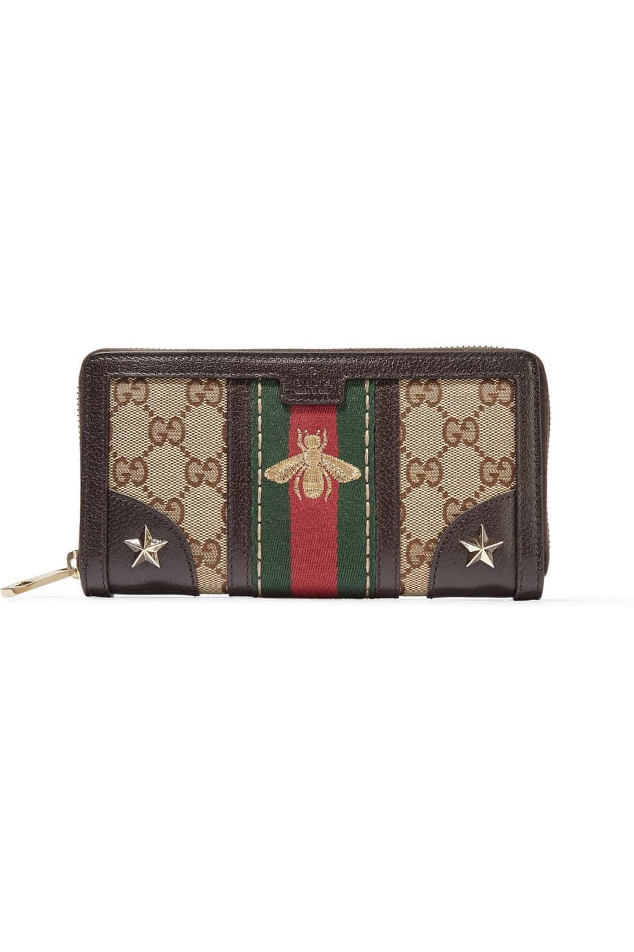 Atrévete a sacar a mamá de esa extrema seriedad con accesorios como esta billetera con pines de abejas y estrellas doradas, de GUCCI.