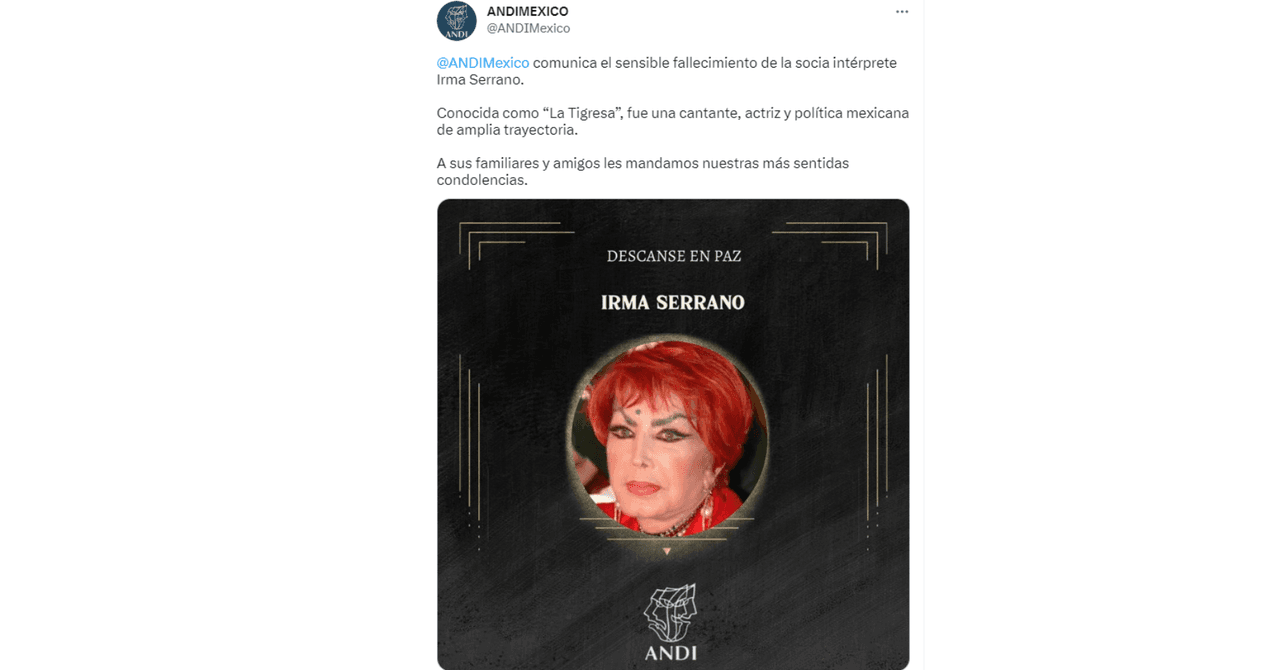 La ANDI informó la muerte de Irma Serrano