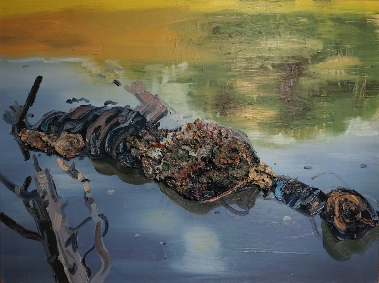 "Untitled" o "Sin título", hace referencia a los descubrimientos de fosas comunes y cadáveres encontrados en todo México. Aguirre representa una imagen que hace referencia a una mujer encontrada muerta, flotando en un río en las afueras de México. A través de la replica de escombros, ropa y su entorno, alude a las víctimas esperando ser encontradas.