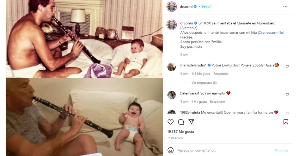 Alberto Cormillot con su hija Reneé cuando era bebé y Emiliano