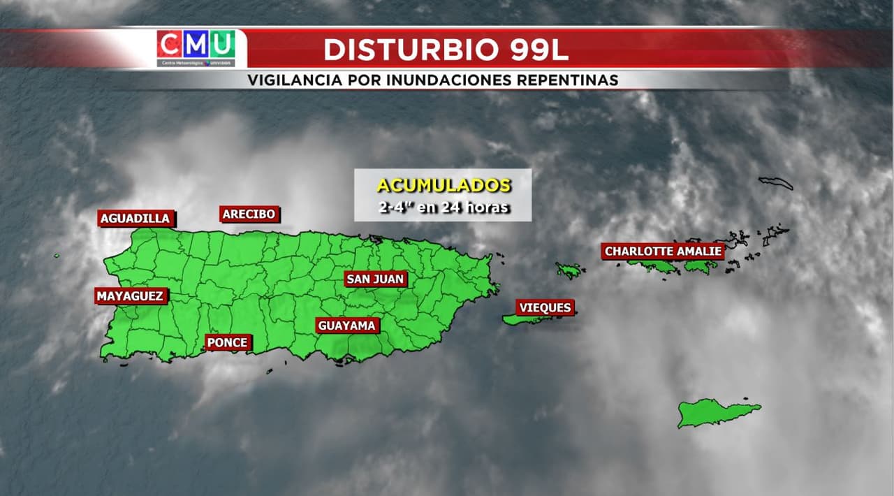Toda la isla de Puerto Rico estará bajo una vigilancia por inundaciones repentinas por la gran cantidad de lluvia en el corto per tiempo. 
<br>