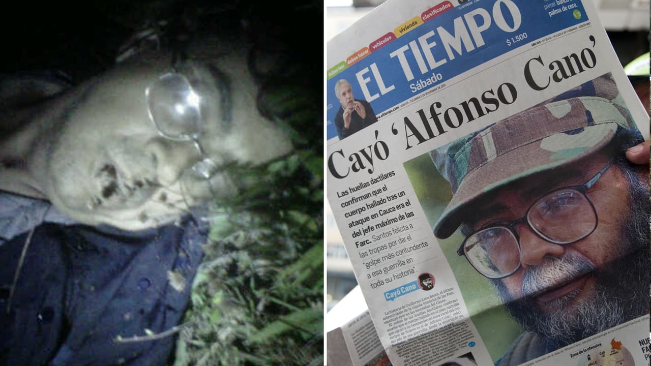 Alfonso Cano murió en una operación militar el 4 noviembre de 2011, meses después de haber logrado que terceros le hicieran conocer al presidente Juan Manuel Santos su intención de hablar de paz. Santos calificó la muerte del líder como “uno de los golpes más contundentes a esa guerrilla en toda su historia”. En la foto, la imagen del cadáver de Cano junto a uno de los diarios colombianos más importantes al día siguiente de su muerte.