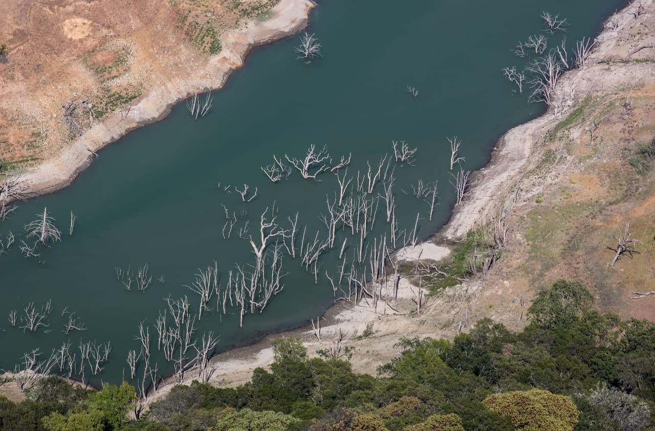 El fondo del lago Sonoma expuesto por la sequía en Healdsburg, California, el 1 de junio. Este gran depósito de agua potable está por debajo del 40% de su capacidad. La evaporación provocada por las temperaturas más cálidas hacen que sea menos probable que la poca lluvia o el agua de las nieves de la montaña llegue a los depósitos.
<br>
<br>Los que administran los complejos sistemas de agua de en el oeste del país ya no pueden confiar en el pasado para predecir el futuro, una consecuencia directa del cambio climático. 
<br>
<br>
<a href="https://www.univision.com/noticias/medio-ambiente/solo-un-cambio-radical-nos-salvaria-de-la-catastrofe-los-sombrios-pronosticos-de-100-expertos-en-el-clima-fotos-fotos"><u>Vea aquí los sombríos pronósticos de 100 expertos en el clima si la humanidad no hace los cambios necesarios</u></a>
<br>