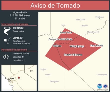 El aviso de tornado fue extendido hasta las 6:00 pm PDT.