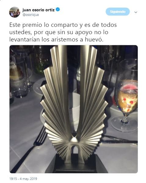 Por su parte, el productor Juan Osorio utilizó su perfil de Twitter para compartir su satisfacción ante dicho premio.