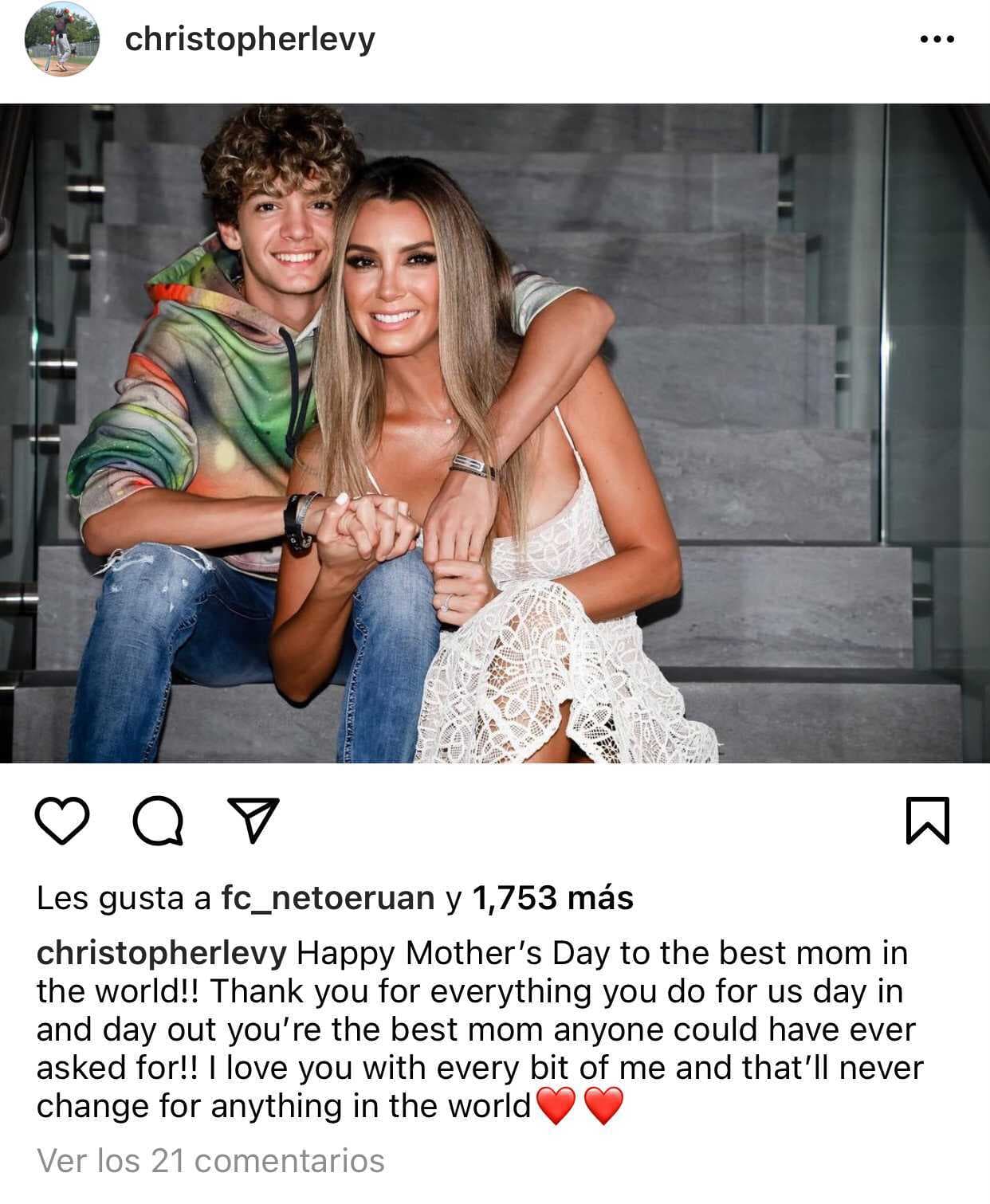 Christopher Levy, el hijo mayor de Elizabeh Gutiérrez, le escribió un cariñoso mensaje: "¡Feliz Día de la Madre a la mejor mamá del mundo! Gracias por todo lo que haces por nosotros día tras día, 
<b><a href="https://www.instagram.com/p/COqUUELrRO4/" target="_blank">¡eres la mejor mamá que alguien podría haber pedido! </a></b>Te amo con cada parte de mí y eso nunca cambiará por nada en el mundo".