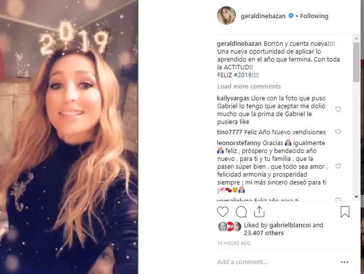 En 2018 se divorciaron Gabriel Soto y Geraldine Bazán y esta fue la reflexión de la actriz en su publicación de Año Nuevo: "Borrón y cuenta nueva. Una nueva oportunidad de aplicar lo aprendido en el año que termina. Con toda la actitud. ¡Feliz 2019!".