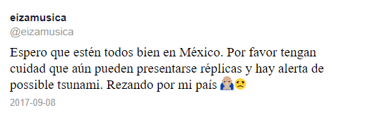 La actriz alertó a los usuarios ante un posible tsunami y además, puntualizó estar rezando por México.