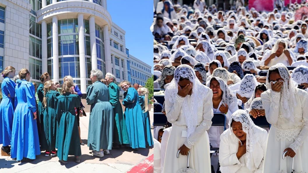 Fieles de la iglesia mormona fundamentalista (izquierda) y de la iglesia La Luz del Mundo.