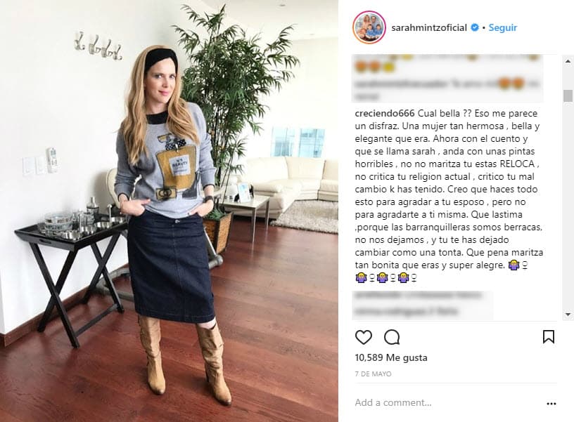 Tras este radical cambio de vida, algunos de sus seguidores están inconformes, por eso ha recibido algunas críticas en las redes sociales: "¿Cuál bella? Eso me parece un disfraz. Una mujer tan hermosa, bella y elegante que era. Ahora con el cuento y que se llama Sarah anda con unas pintas horribles. No, no Maritza tú estás reloca, no critico tu religión actual, critico tu mal cambio que has tenido. Creo que haces todo esto para agradar a tu esposo, pero no para agradarte a ti misma. Qué lástima porque las barranquilleras somos berracas, no nos dejamos, y tú
<b> te has dejado cambiar como una tonta</b>. 
<b>Qué pena Maritza, tan bonita que eras y súper alegre</b>".