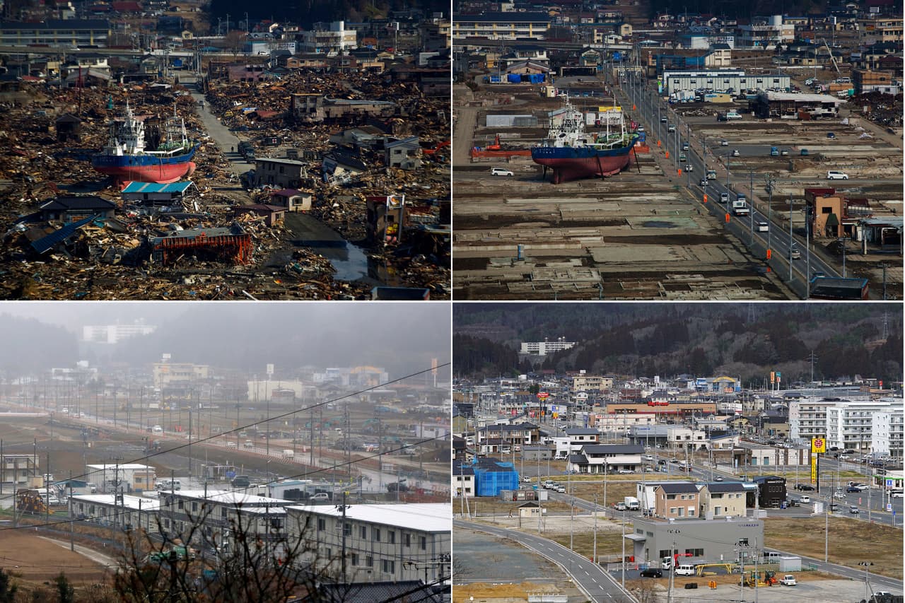 Kesennuma, prefectura Miyagi. Arriba y a la izquierda, 28 de marzo de 2011; arriba a la derercha, febrero de 2012; abajo a la izquierda, marzo de 2016 y abajo a la derecha, 5 de marzo de 2021.