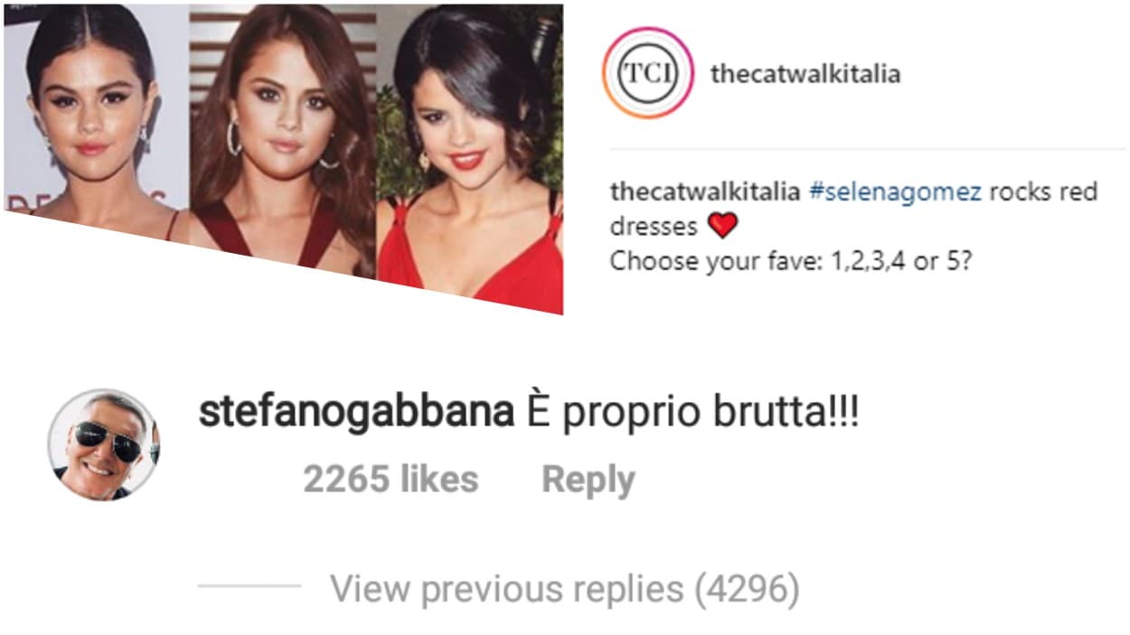 Un portal italiano destacó en
<b> <a href="https://www.instagram.com/thecatwalkitalia/">Instagram</a></b> lo bien que luce la cantante en vestidos rojos y el modisto de 55 años no tardó en comentar, primero en inglés y luego en italiano "
<b>es muy fea</b>".