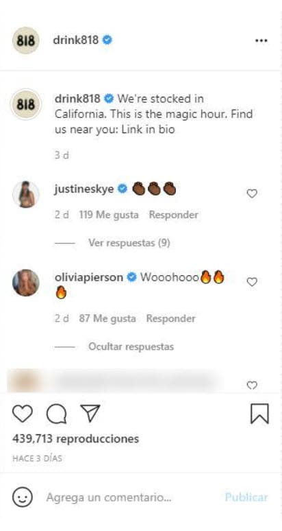 A pesar de los reproches, Jenner también ha sido felicitada. En su post más visto, que cuenta con más de 440 mil reproducciones, celebridades como la cantante Justine Skye y la influencer Olivia Pierson celebran su nuevo proyecto.
