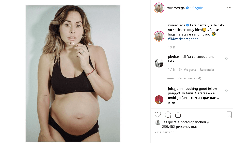 “Esta panza y este calor no se llevan muy bien… 
<b>No se hagan aretes en el ombligo</b>”, es el mensaje que acompaña a la instantánea compartida con sus más de tres millones de seguidores y que recibió más de 200,000 'likes' pocas horas después de su publicación.
<br>