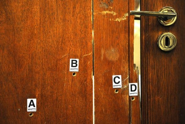 La puerta tiene cuatro agujeros de bala y las marcas de impactos producidos por un bate de cricket con el que, según el testimonio de Pistorius, intentó derribarla para entrar en el baño una vez se dio cuenta de que había confundido a su novia con ladrones.