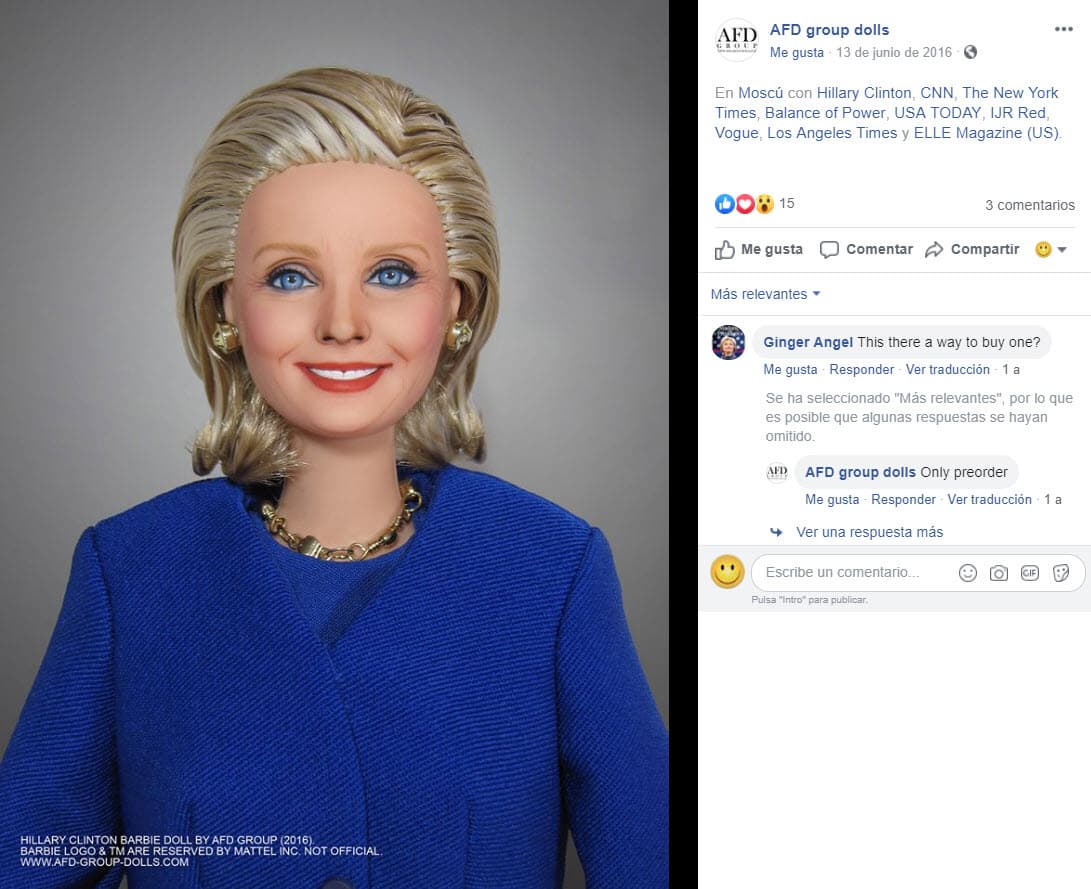 Algunas de sus creaciones han sido Madonna, David Bowie, Hillary Clinton y Frida Kahlo, por mencionar algunas. Las fotografías de estas y otras creaciones se pueden apreciar en la cuenta oficial de 
<a href="https://www.facebook.com/AFDgroupdolls/" target="_blank">Facebook</a> de la compañía.