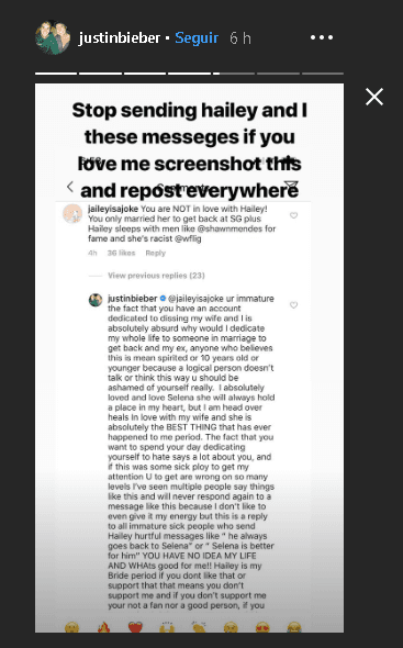 Justin Bieber compartió su respuesta en sus historias de Instagram y añadió: “Dejen de enviarnos estos mensajes a Hailey y a mí. Si me quieren, hagan un pantallazo a esto y compártanlo por todas partes”.