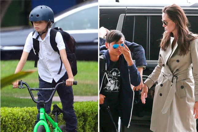 Captamos a la actriz saliendo de viaje con Pax y a Shiloh dando la vuelta en bicicleta.