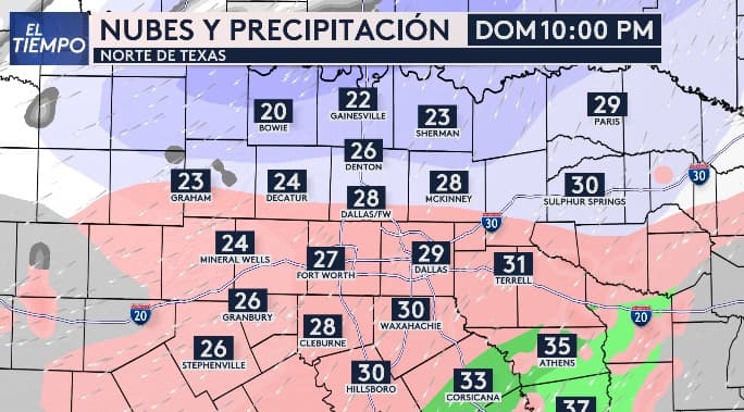Se pronostica nieve para los condados del norte en zonas como Gainsville, Sherman, Bowie y Paris. En el Metroplex de Dallas - Fort Worth permanece la posibilidad de mezcla invernal.