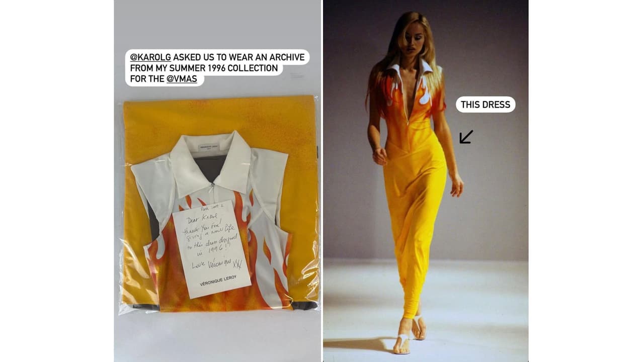 Karol G utilizó el mismo vestido que la modelo Adriana Karembeu lució 1996.