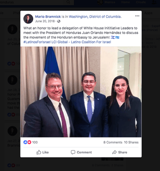 In June last year Mario Bramnick posted a picture with Honduran President Juan Orlando Hernández and his wife. In the original text, that was already erased, Bramnick said it was an honor to lead a White House delegation of leaders to meet the Honduran President.
