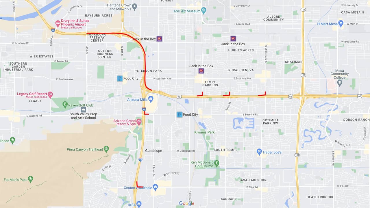 <b>Interestatal 10 oeste</b>
<br>La I-10 en dirección oeste cerrará entre la US 60 y la calle 40, desde law 10 p.m. del viernes, hasta las 4 a. m. del lunes.
<br>
<br>Las rampas de acceso a la US 60 en dirección oeste en McClintock Drive, Rural Road y Mill Avenue también estarán cerradas. 
<br>
<br>Las rampas de la US 60 oeste hacia la I-10, y las rampas de acceso a la I-10 oeste entre Elliot y Baseline estarán cerradas. 
<br>
<br>
<b>Rutas alternas</b>
<br>Considere usar rutas alternativas el Loop 202 en dirección este o la US 60 en dirección este para llegar al Loop 101 en dirección norte.
<br>
<br>Los conductores de la I-10 en dirección oeste que se acercan a Phoenix también pueden considerar usar el Loop 202 en dirección oeste/norte.