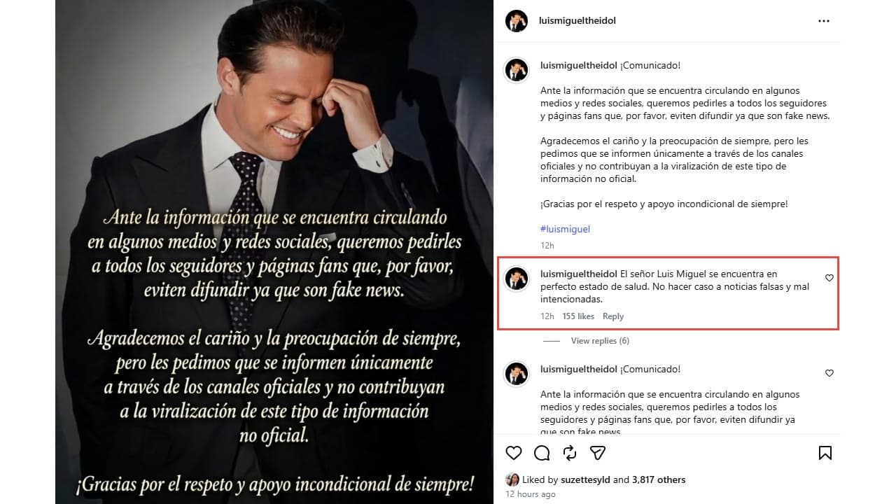Presunto comunicado sobre la salud de Luis Miguel.