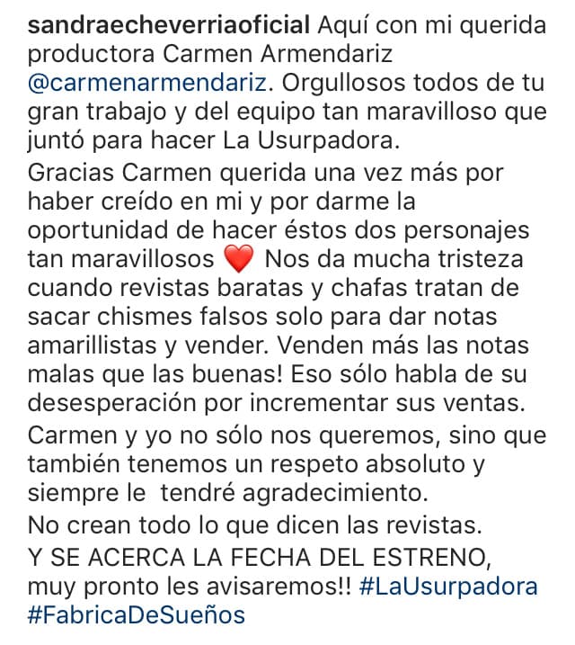 Junto a la fotografía se puede leer este texto, en el que Echeverría hace referencia a los "chismes falsos" que publicaron en algunas revistas.