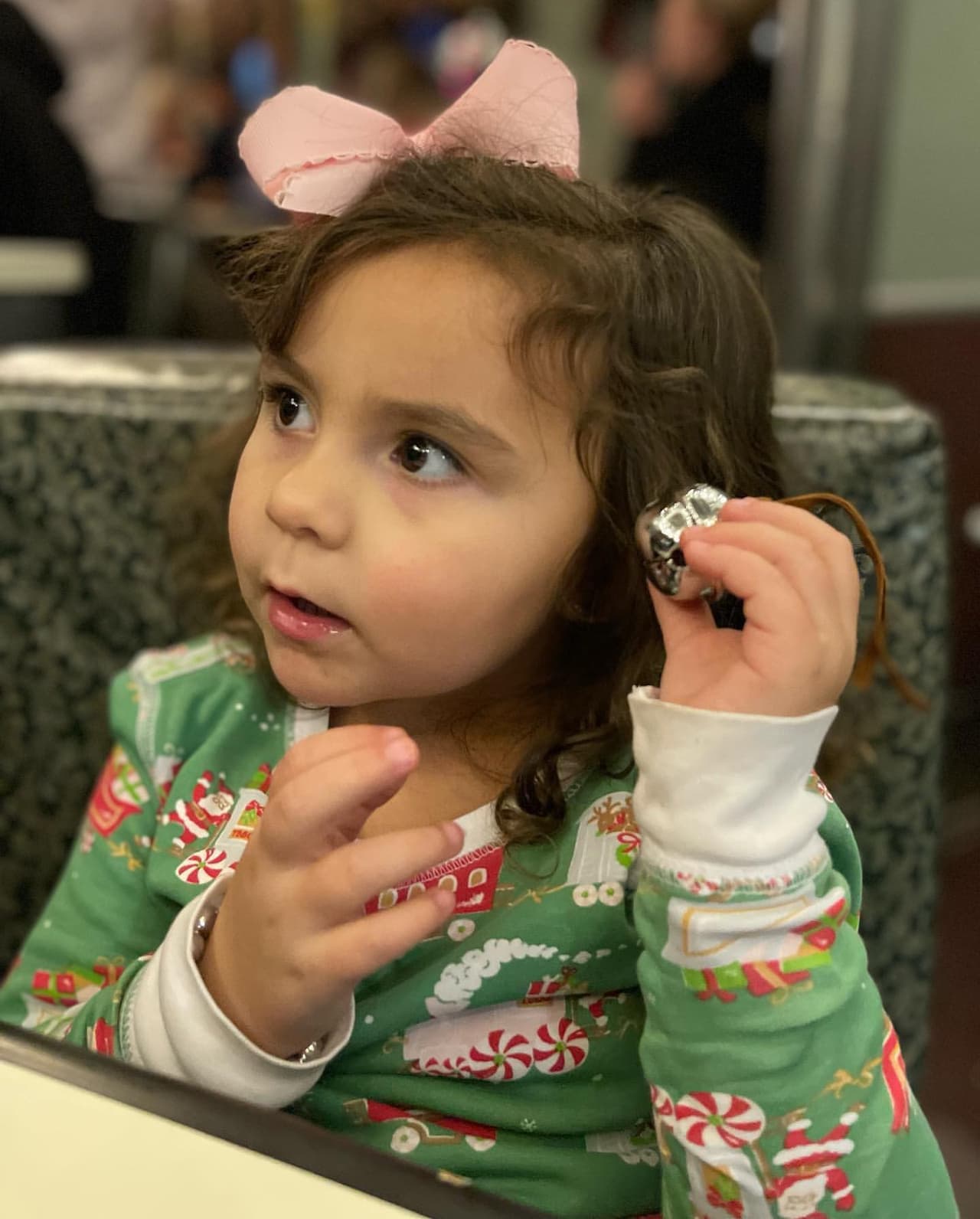 Después de volver a abordar el tren en el “Polo Norte”, cada pasajero del tren recibe una campana de trineo plateada antes de salir en Candy Cane Lane.