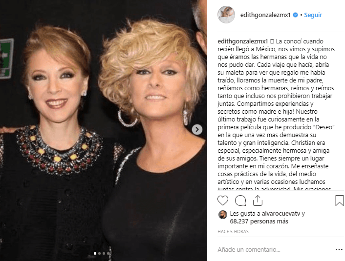 <b><a href="https://www.univision.com/famosos/en-el-funeral-de-christian-bach-solo-estuvo-la-familia-dice-su-amiga-edith-gonzalez">Uno de los mensajes más emotivos fue el de Edith González</a></b>, pues dejó ver la gran amistad que tenía con la actriz fallecida el 26 de febrero. Ellas trabajaron en la telenovela 'Los ricos también lloran', donde Edith representó el papel de la hija de Christian.